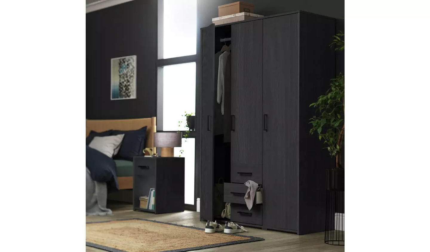 Oslo 3 Door 3 Drawer Wardrobe - Black Oak Effect